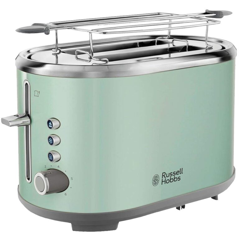 Prajitor de paine Russell Hobbs Bubble Soft Green 25080-56, 930 W, 2 fante extra-late, 6 setari, Decongelare, Inox