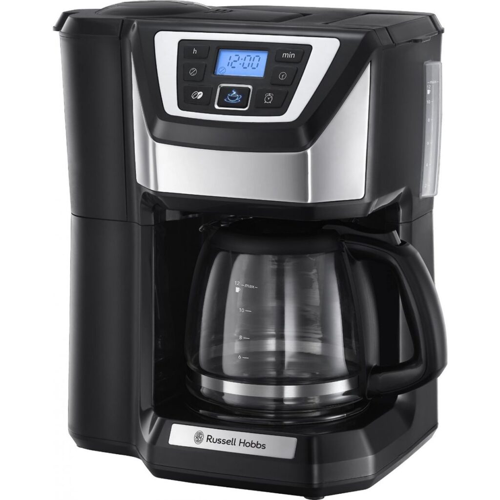 Cafetiera cu rasnita Russell Hobbs 22000-56, 1025 W, 1.25 l, 12 cesti, Negru/Argintiu