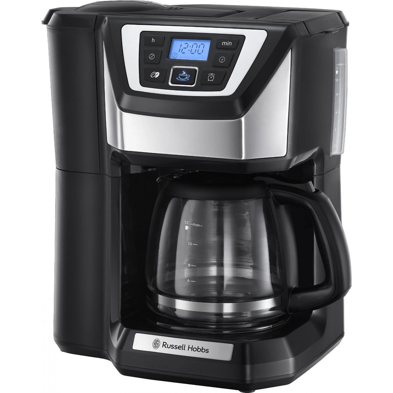 Cafetiera cu rasnita Russell Hobbs 22000-56, 1025 W, 1.25 l, 12 cesti, Negru/Argintiu