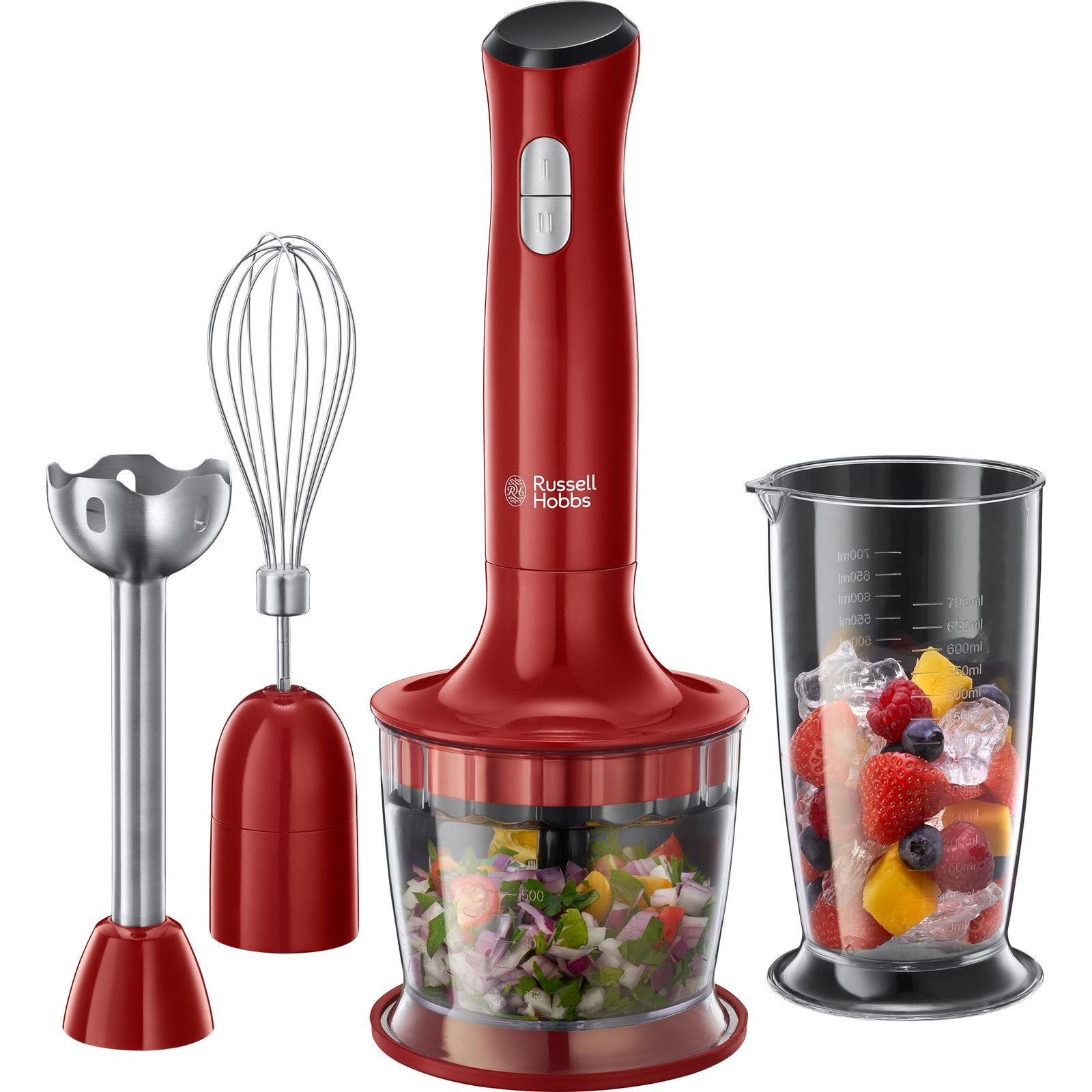 Mixer vertical 3in1 Russell Hobbs Desire 24700-56, 500 W, 2 Viteze, Tel, Tocator, Pahar Gradat, Functie pulse, Rosu - Mixere Mixer vertical 3in1 Russell Hobbs Desire 24700-56, 500 W, 2 Viteze, Tel, Tocator, Pahar Gradat, Functie pulse, Rosu