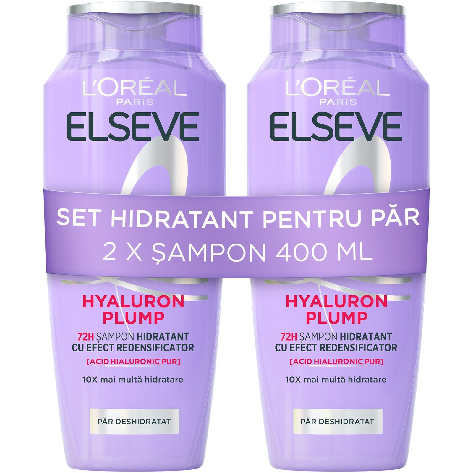 Pachet: 2 x Sampon hidratant Elseve Hyaluron Plump L'Oreal Paris pentru par deshidratat, 400 ml - Sampon de par Pachet: 2 x Sampon hidratant Elseve Hyaluron Plump L'Oreal Paris pentru par deshidratat, 400 ml