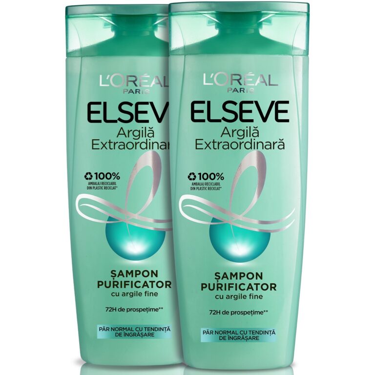 Set L'Oreal Paris 2x Sampon purificator Elseve Argila Extraordinara pentru par gras, 400 ml