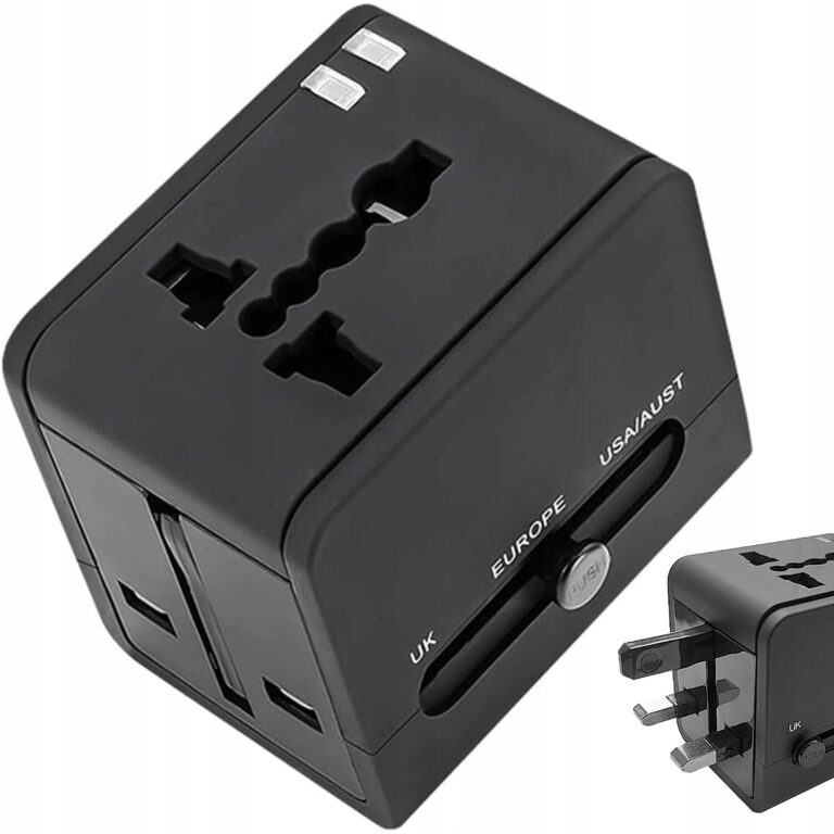 Adaptor universal priza 2 porturi USB pentru calatorii, ABS, Negru, 61 mm