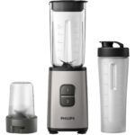 Mini blender Philips HR2604/80, 350 W, 1 L, 2 viteze, recipient on-the-go, Gri/Negru