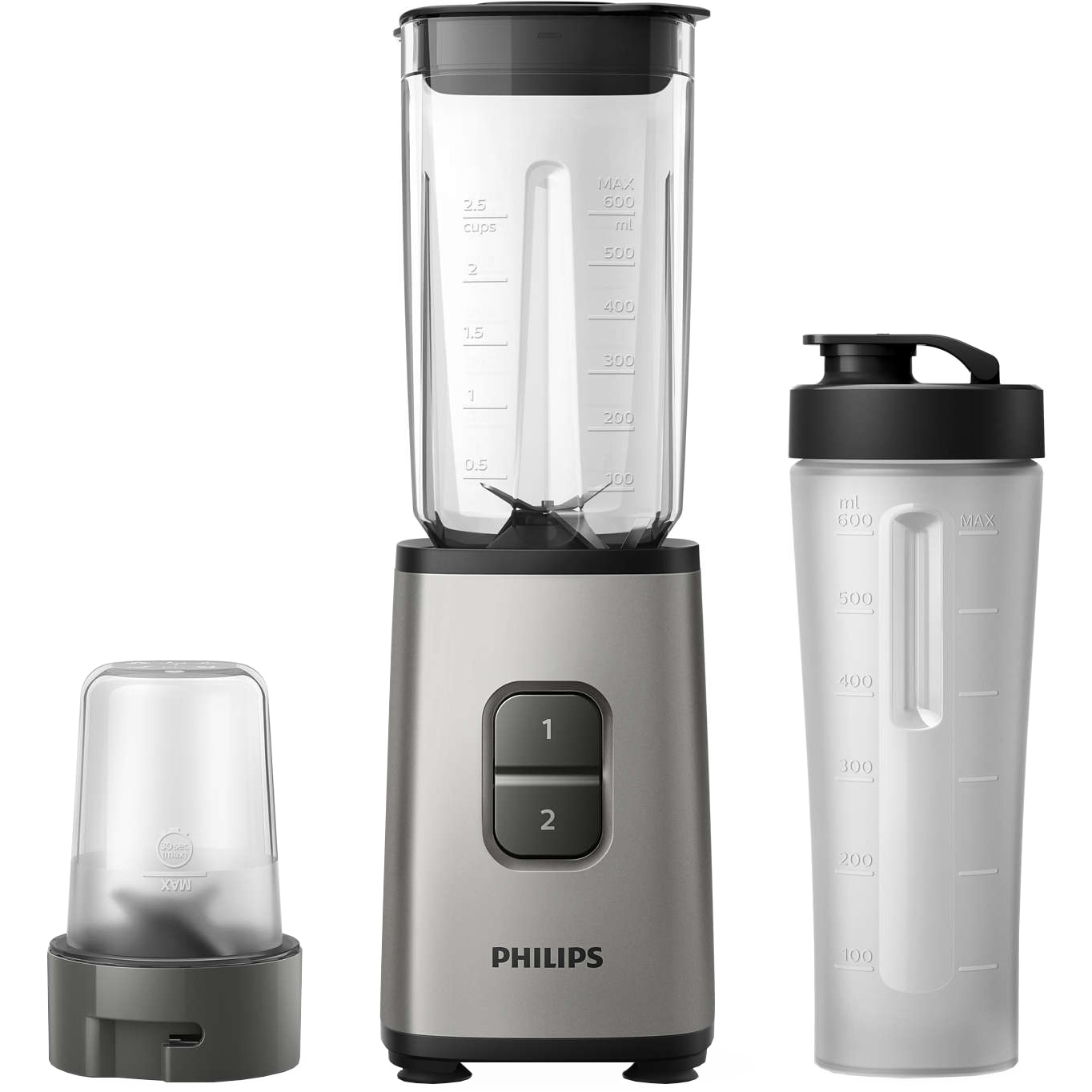 Mini blender Philips HR2604/80, 350 W, 1 L, 2 viteze, recipient on-the-go, Gri/Negru - Blendere & Tocatoare Mini blender Philips HR2604/80, 350 W, 1 L, 2 viteze, recipient on-the-go, Gri/Negru