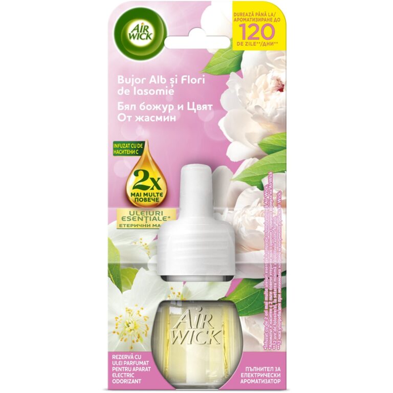 Rezerva odorizant de camera electric Air Wick Bujor Alb si Flori de Iasomie, 19ml