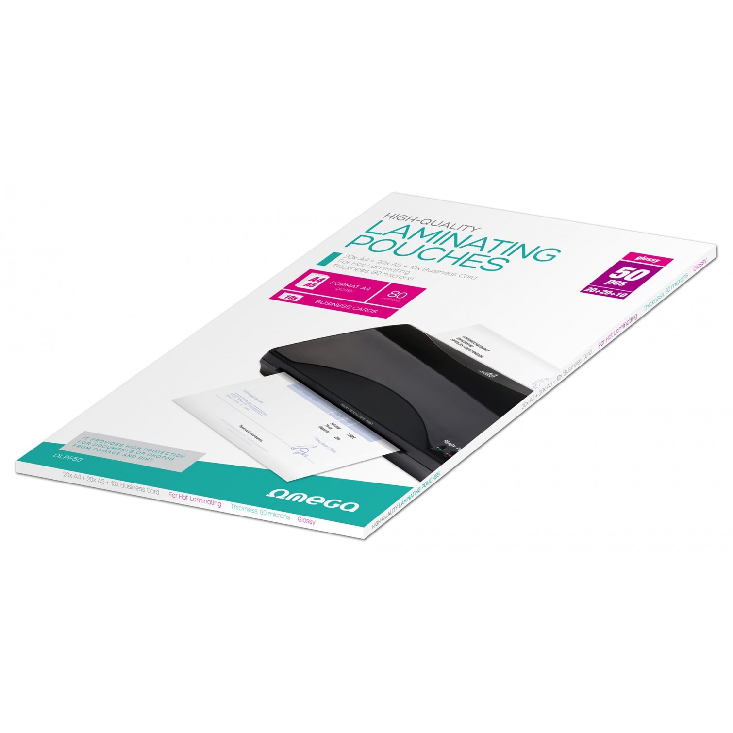 Folii laminare Omega 43503, 20 bucati A4, 20 bucati A5 si 10 pentru carti de vizita, pentru laminare la cald - Folii laminare Folii laminare Omega 43503, 20 bucati A4, 20 bucati A5 si 10 pentru carti de vizita, pentru laminare la cald