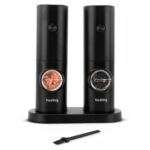 Set de 2 rasnite electrice de sare si piper, cu suport reglabil, cu baterii, negre