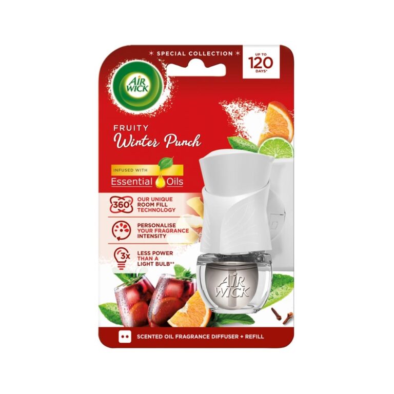 Odorizator de aer electric Air Wick Fruity Winter Punch, set cu refill 19ml, design curat, consum redus de energie