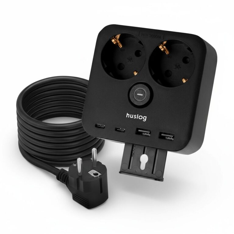 PRELUNGITOR CU SUPORT TELEFON POWER CUBE 2 PRIZE, 2 porturi USB-A (2, 4 A) si 2 porturi USB-C (3 A), cablu 1.4M, NEGRU