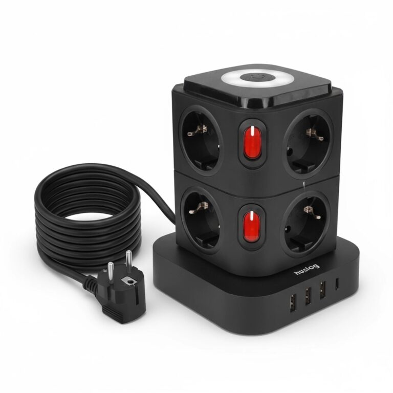 Prelungitor vertical Huslog, 8 prize AC, 3 USB-A + 1 USB-C, cablu 1.8m, negru