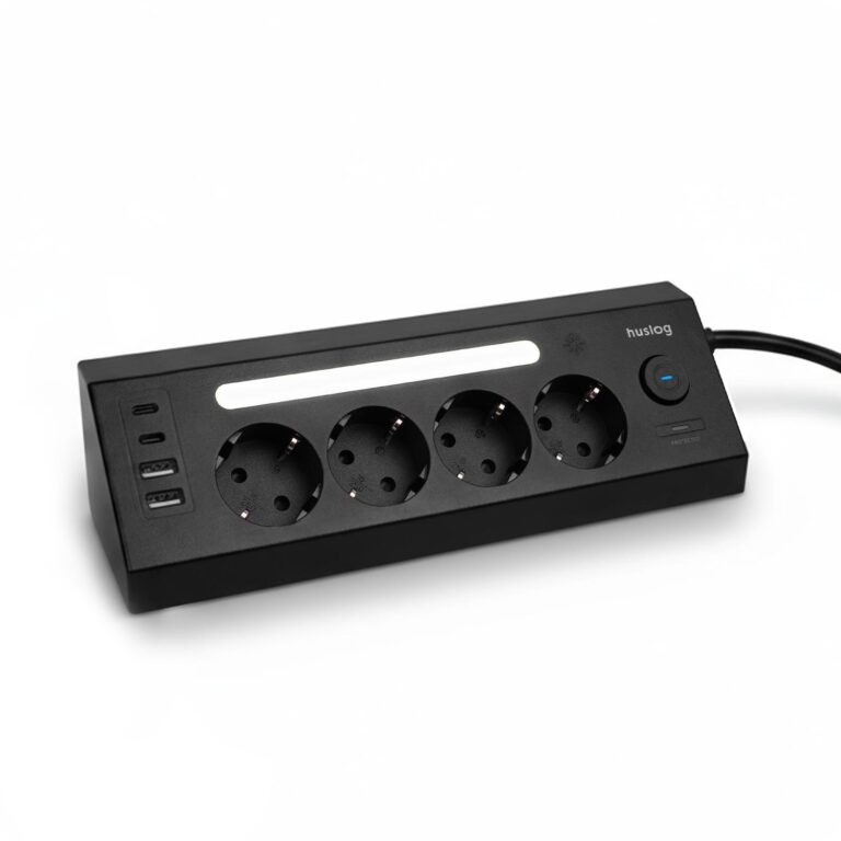 Prelungitor cu LED, 4 prize Schuko, 4 porturi USB, lampa de noptiera cu 3 trepte, 1.8m, Negru