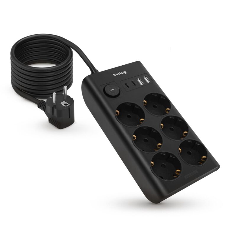 Prelungitor plat, 6 prize Schuko, 4 porturi USB, Cablu de 1, 5 m, Negru