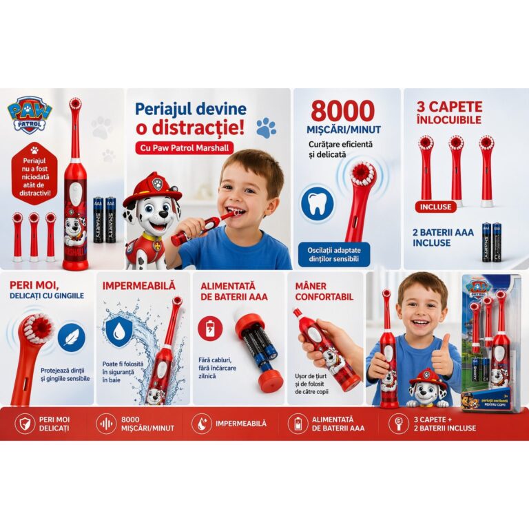 Periuta de dinti electrica copii Paw Patrol Marshall, oscilanta 8000 miscari/min, 3 capete incluse, peri moi