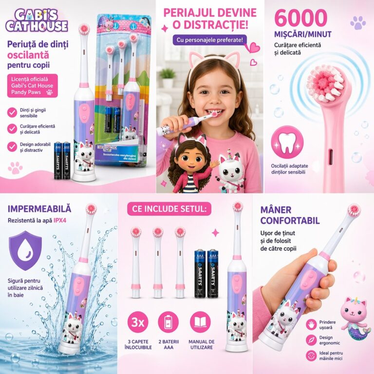 Periuta de dinti electrica pentru copii Gabby's Dollhouse - Pandy Paws, oscilanta, 3 capete + baterii AAA incluse