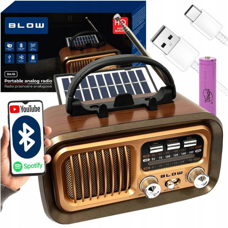 Radio portabil retro BLOW RA16, Bluetooth, alimentare solara, 17x10x9cm