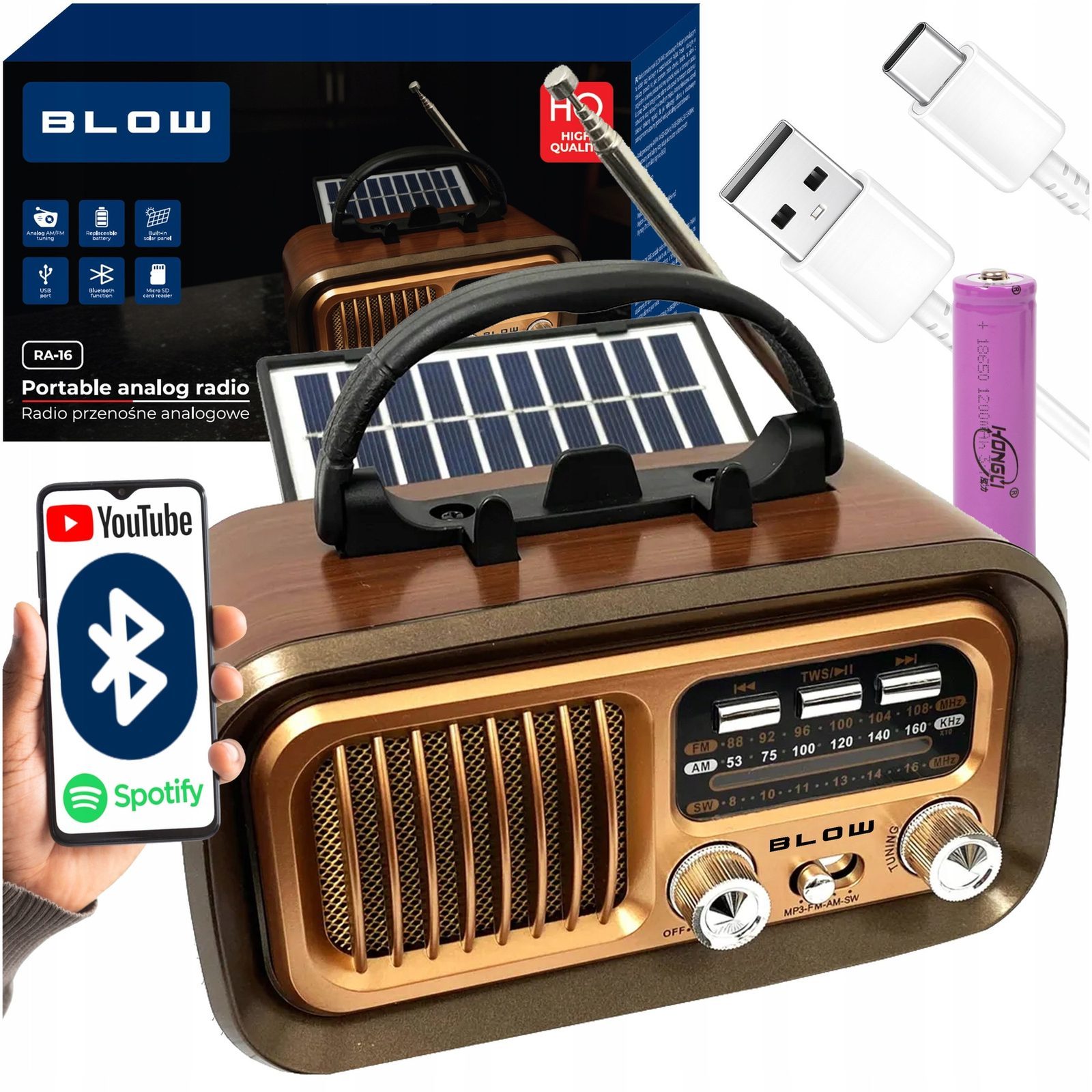 Radio portabil retro BLOW RA16, Bluetooth, alimentare solara, 17x10x9cm - Radio cu ceas & portabile Radio portabil retro BLOW RA16, Bluetooth, alimentare solara, 17x10x9cm