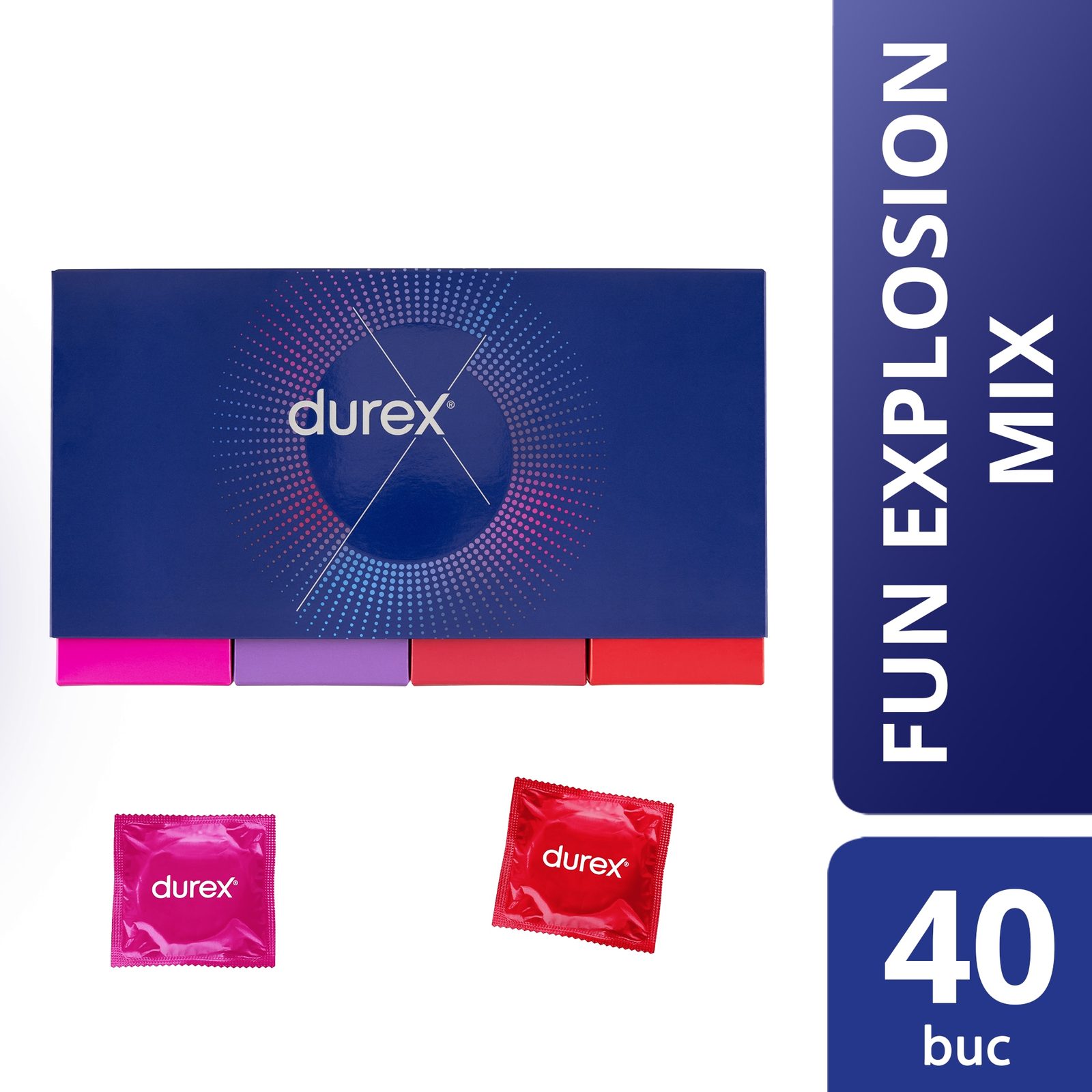 Prezervative Durex 40 buc, Cutie Discreta - Fun Explosion