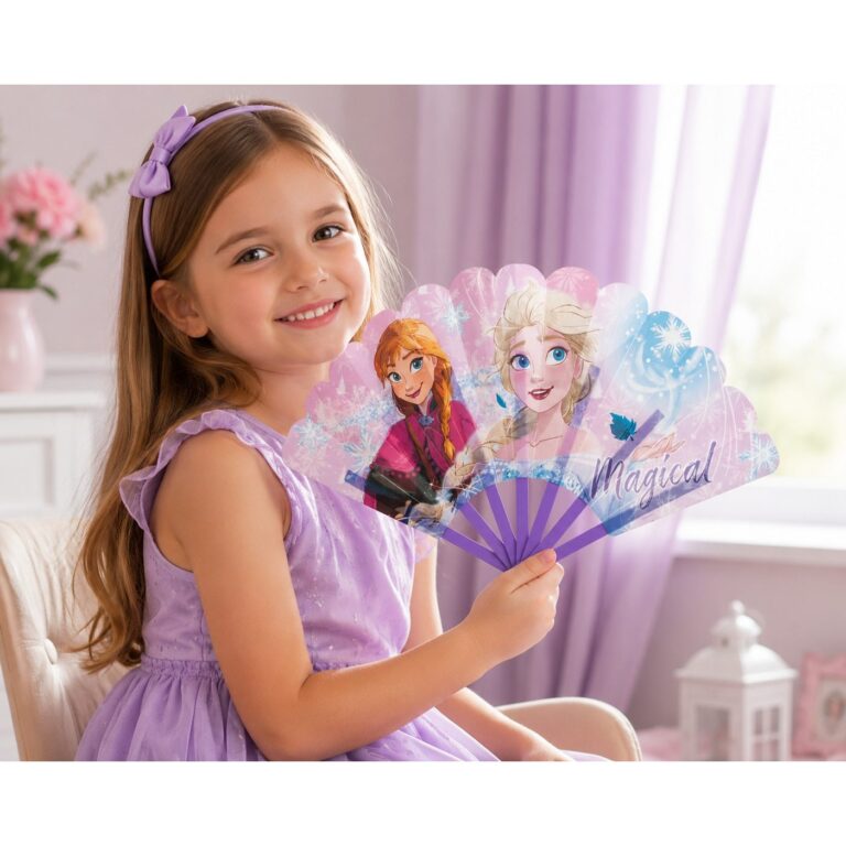 Evantai pentru copii Frozen, 24 cm, pliabil, model Elsa & Anna, culoare lila, usor si compact