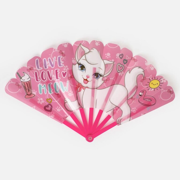 Evantai pentru copii, model Pisica, roz, 24 cm, pliabil, usor, accesoriu pentru vara, plaja si vacanta