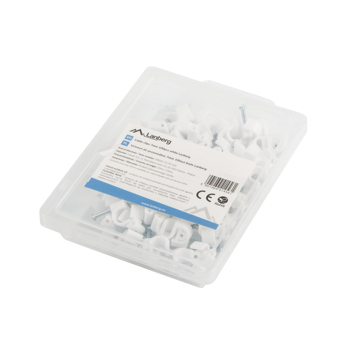 Cutie cu 100 bucati cleme cablu 7mm, Lanberg 41456, cui de otel 18mm, pentru prindere si fixare, albe - Cabluri si accesorii f808609c7ea6050d98258c8bef7d79e4