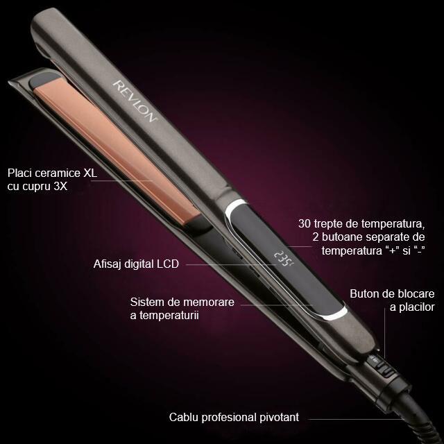 Placa de indreptat parul Revlon Salon Straight Copper Smooth RVST2175E2, Temperatura maxima 235°C, 30 setari de temperat