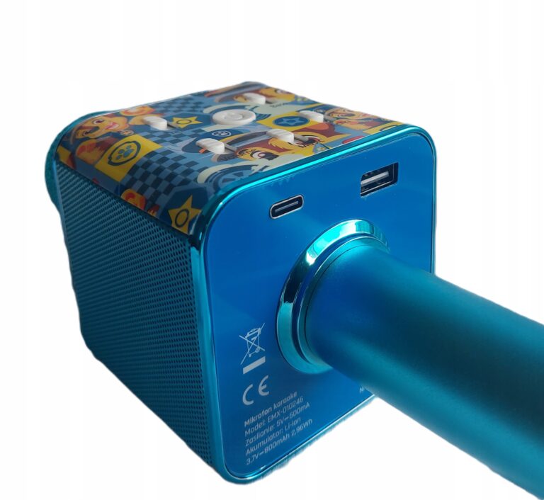 Microfon karaoke copii Paw Patrol Chase, wireless Bluetooth, difuzor 5W, efect eco, USB, baterie reincarcabila, albastru