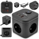 Prelungitor electric Huslog cub, 3 prize + 3 USB (1x USB-A, 2x USB-C PD 20W), incarcare rapida, 6 dispozitive simultan,
