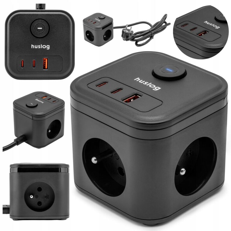 Prelungitor electric Huslog cub, 3 prize + 3 USB (1x USB-A, 2x USB-C PD 20W), incarcare rapida, 6 dispozitive simultan,