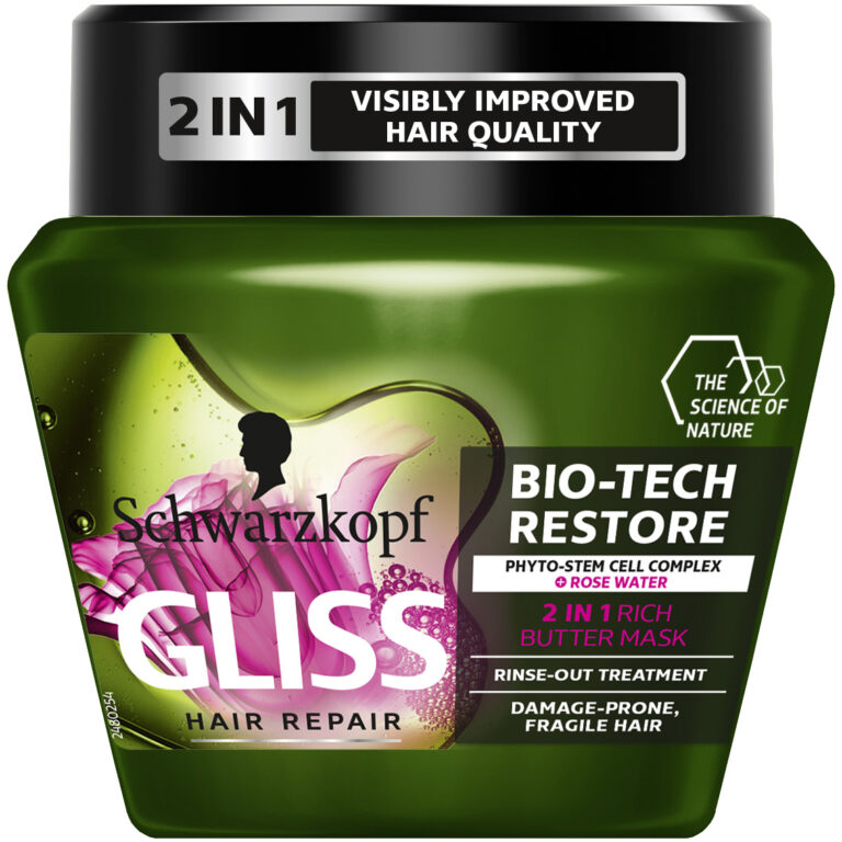 Masca cu unt bogat Gliss 2in1 Bio-Tech Restore Tratament cu clatire pentru par predispus la deteriorare si fragil, 300 m