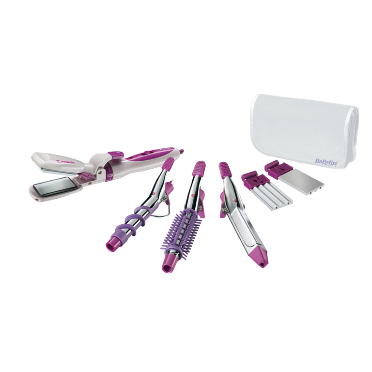 Ondulator BaByliss StyleMix 2020CE, 145°C, 8 accesorii, placi creponare, Alb/Roz