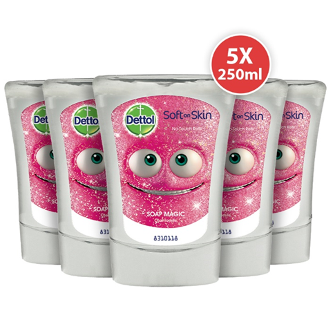 Set 5 x Rezerva sapun lichid antibacterian Dettol Kids No Touch cu Musetel pentru dozatorul automat cu senzor, 250 ml