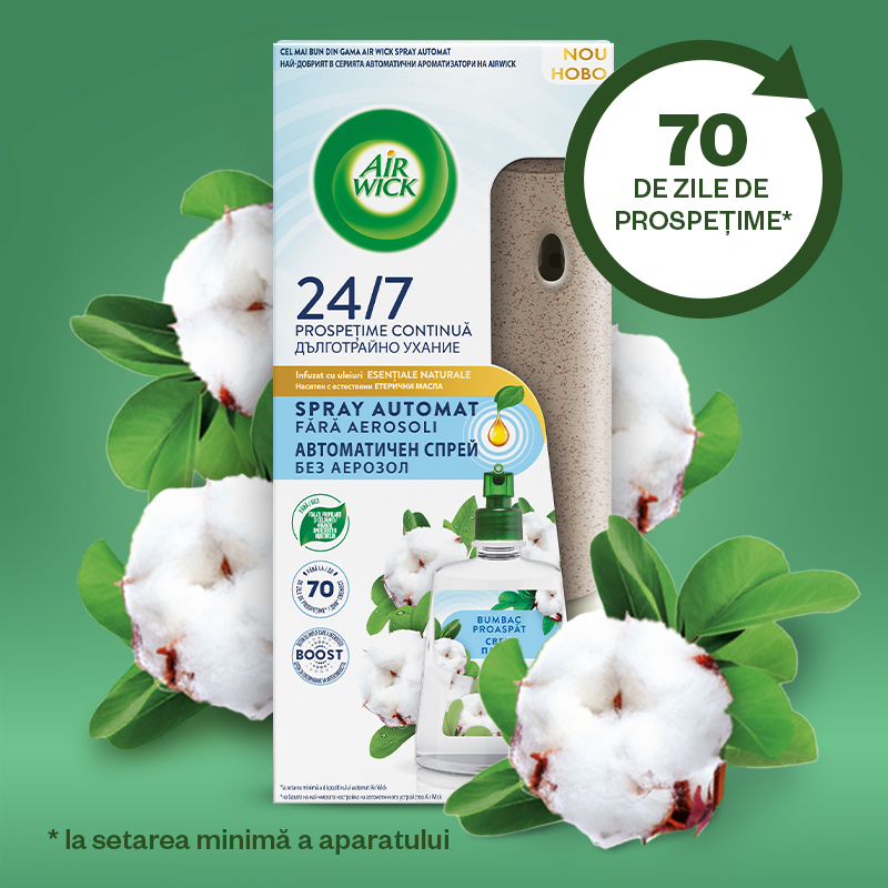 Odorizant de camera kit spray automat fara aerosoli Air Wick, Bumbac Proaspat, 228ml - Odorizant camera Odorizant de camera kit spray automat fara aerosoli Air Wick, Bumbac Proaspat, 228ml
