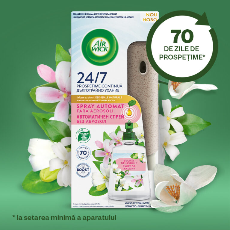 Odorizant de camera kit spray automat fara aerosoli Air Wick, Buchet de Iasomie, 228ml